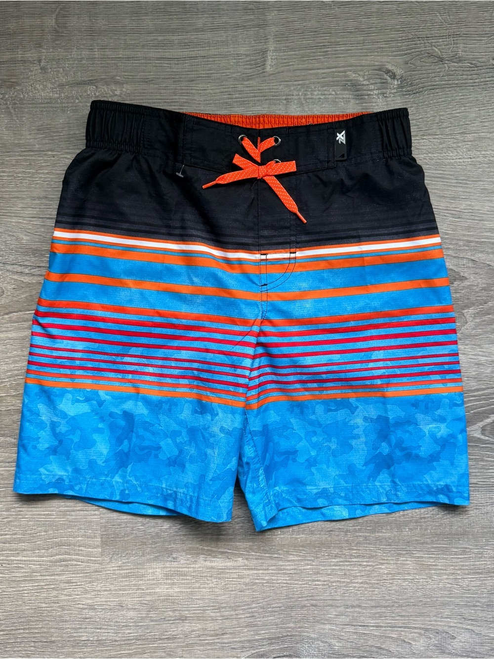 ZeroXposur Boys 10/12 Blue Black Orange Striped Swim Shorts Soft Liner
